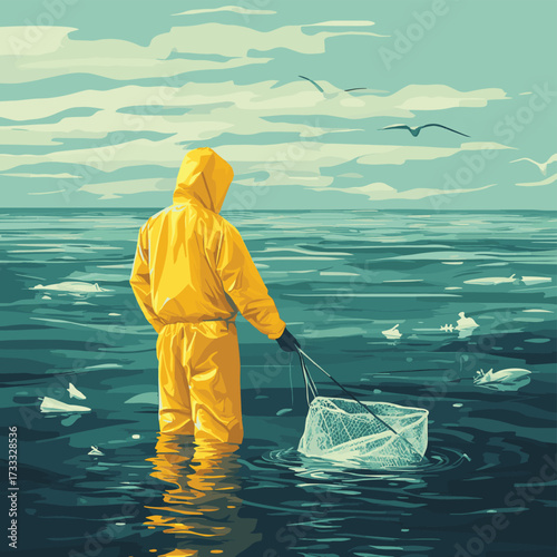 Fisherman in Yellow Rain Gear Collecting Debris from Ocean in Effort to Clean Marine Environment and Protect Aquatic Life from Pollution , vector style simple color
