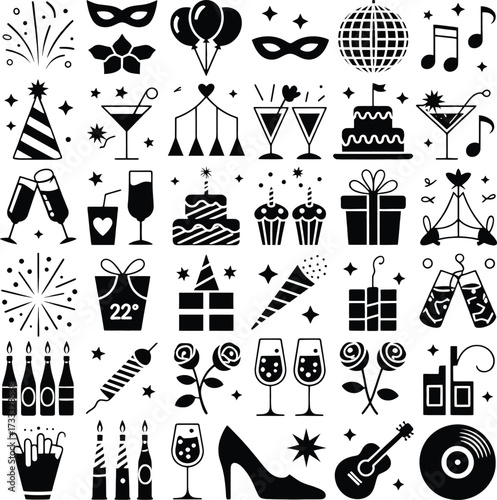Black and white icons for party and celebration with fireworks, cakes, and drinks symbols