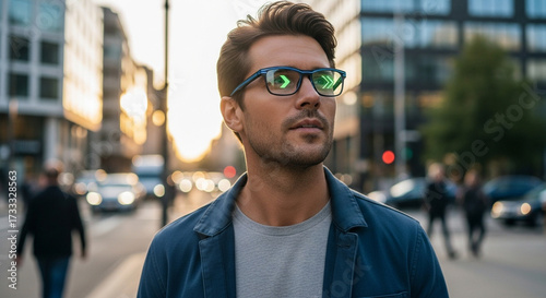 Confident man wearing smart glasses with futuristic HUD elements gazes forward in a bustling city street at sunset