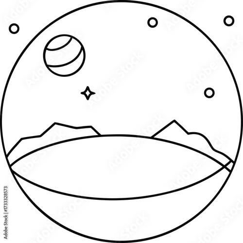 continuous line art of futuristic mars crater colony illustration on transparent background