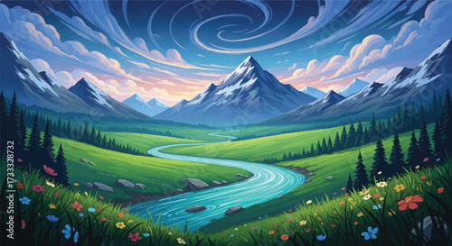 A serene landscape of a misty mountain valley with a winding river, lush green grass, and vibrant wildflowers under a swirling blue sky with clouds.