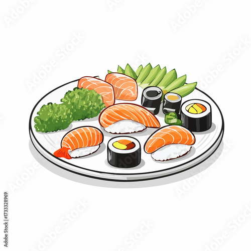 A delicious assortment of fresh salmon sushi and maki rolls artfully arranged on a white plate with green garnishes.