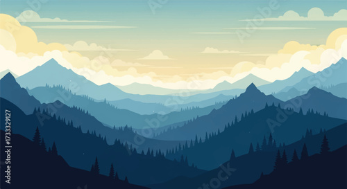 Illustration of a misty mountain valley with layered blue mountains and a sunrise or sunset sky with fluffy white clouds.