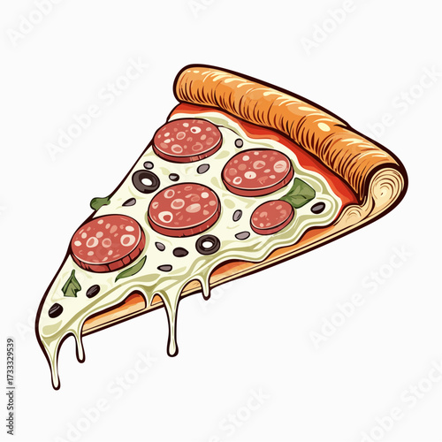 A delicious slice of pepperoni pizza with melted cheese and olives, presented on a white background.