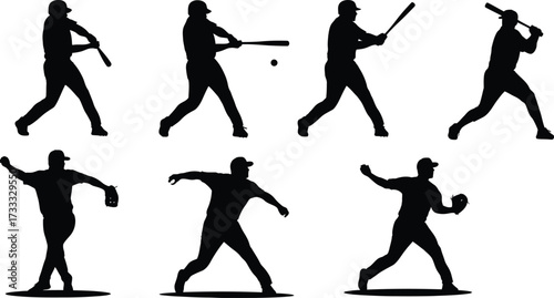 Silhouette of baseball player in various poses vector illustration of a baseball player swinging and throwing