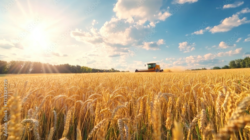 Obraz premium Golden Wheat Field Under Blue Sky with Sunlight and Agricultural Machine Harvesting Crops in Rural Landscape