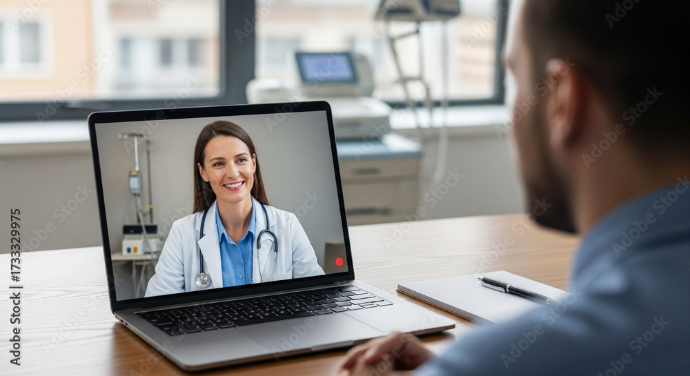 Obraz premium Empathetic female doctor smiles during virtual consultation, offering modern healthcare convenience and patient care.