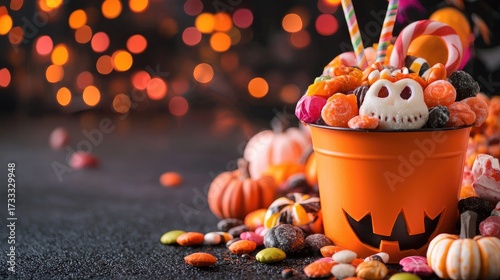Vibrant Halloween Candy Bucket Surrounded by Colorful Treats and Festive Decorations for Autumn Celebrations