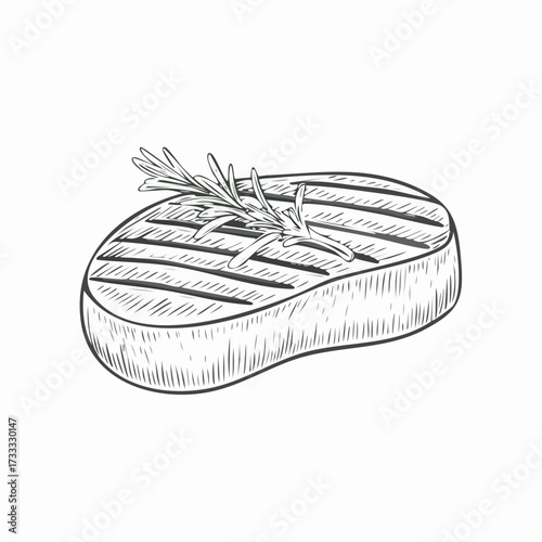 A hand-drawn sketch of a grilled beef steak garnished with a sprig of fresh rosemary.