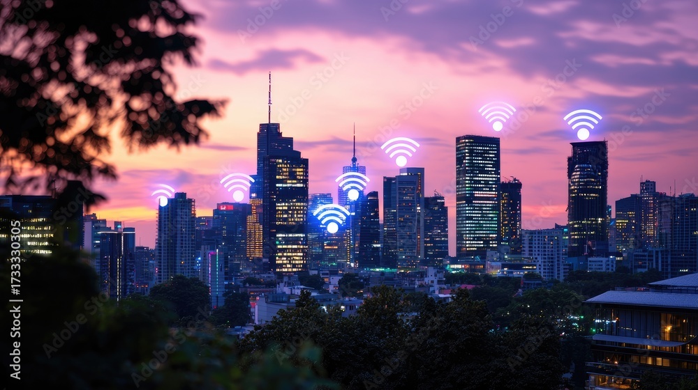 Obraz premium Urban Cityscape at Dusk with Digital Connectivity Symbols Over Skyscrapers and Vibrant Sunset Colors