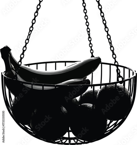Hanging fruit basket with bananas and oranges, healthy eating concept