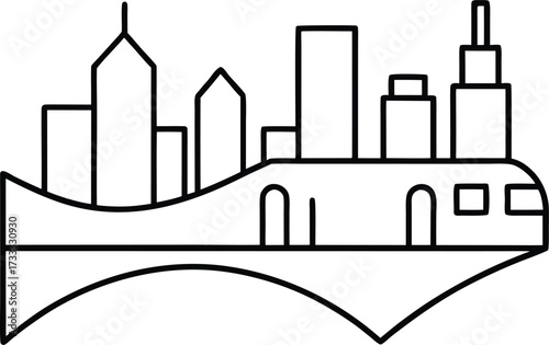 continuous line sketch of futuristic magnetic rail system illustration on transparent background