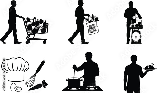 Silhouette illustrations of people shopping, cooking, and preparing food, showcasing daily life activities