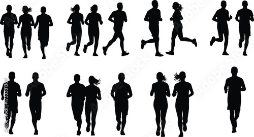 Silhouette of people running, vector illustration of group of runners in various poses and positions