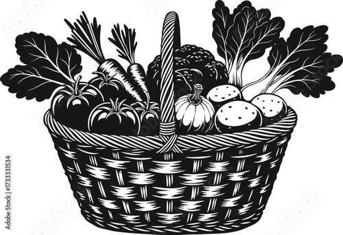 Woven basket filled with fresh vegetables, harvest, and healthy eating