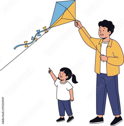 Father and daughter flying a kite, enjoying quality time together in a heartwarming scene