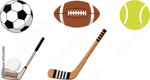 A collection of various sports equipment, including a soccer ball, football, tennis ball, golf club, hockey stick, and shuttlecock