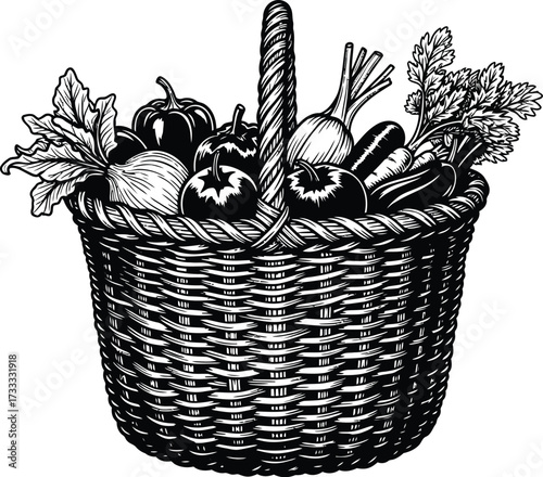 Woven basket with fresh vegetables, monochrome harvest illustration