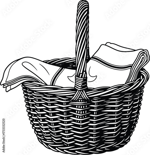 Woven picnic basket with cloth napkins, traditional container for food