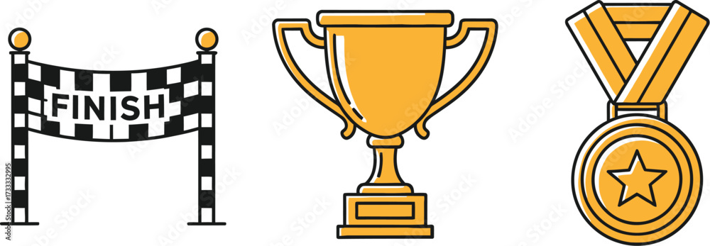 Naklejka premium Finish line, golden trophy cup and medal with star success and achievement concept in sport competition