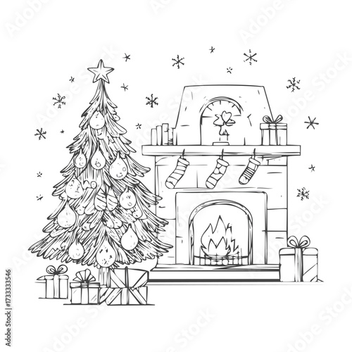 Hand-drawn illustration of a Christmas tree decorated with ornaments next to a fireplace with stockings and presents.