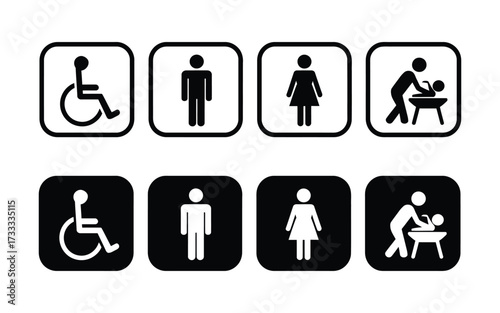 Toilet icon vector. all genders, accessible options, and baby changing stations symbol. vector illustration.