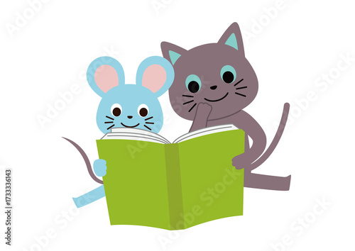 楽しそうに一緒に本を読んでいる猫とネズミ