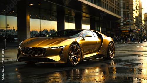 A futuristic car with a metallic gold and black color scheme, parked on what appears to be a wet city street with raindrops visible. The car's design is modern and aerodynamic