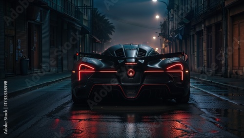 A modern sports car driving down a city street at night, with the car's lights illuminating the wet road ahead. The street is lined with tall buildings and streetlights