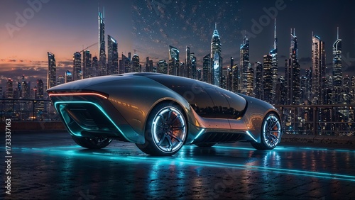 A futuristic car driving through a city at dusk. The car has a sleek design with a metallic finish and blue lights illuminating its surroundings. The background features tall buildings with cityscape