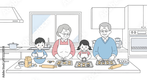 Grandparents and grandchildren baking cookies together in a bright, well-lit kitchen, enjoying quality time.