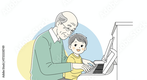 A kind grandfather teaches his happy grandson how to play the piano, sharing a heartwarming musical moment together.