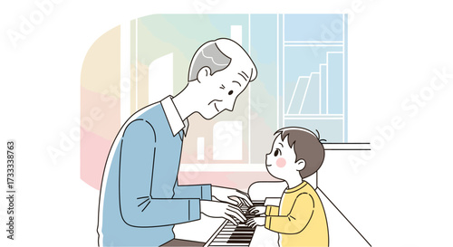 An elderly grandfather and his young grandson share a heartwarming moment playing the piano together.
