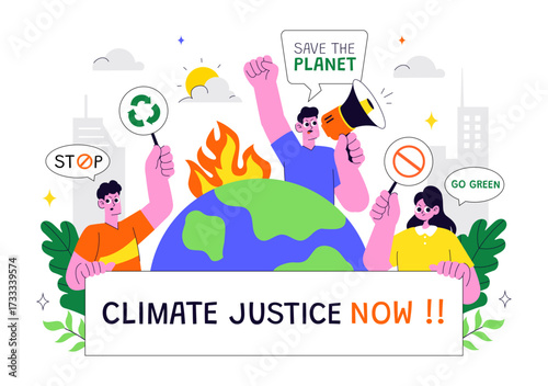 Climate Change Protest Illustration Featuring People Holding Placards with Slogans to Protect the Environment, Save the Planet and Stop Global Warming