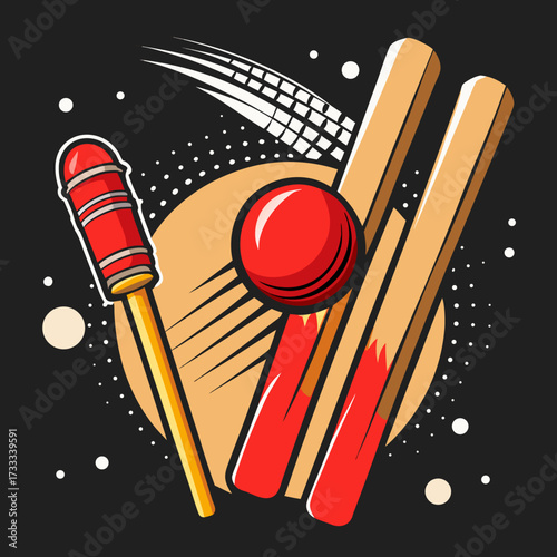 red ball hitting the wicket stumps with bat on black abstract splash background for cricket fever concept.