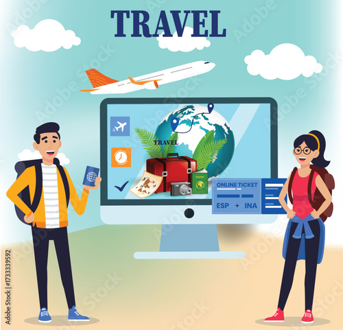 World Travel Concept with Suitcase Landmarks, Passport, Airplane, and Vacation Accessories – Tourism Adventure Vector & 3D Illustration