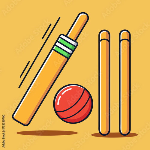 red ball hitting the wicket stumps with bat on black abstract splash background for cricket fever concept.