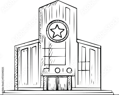 Sketch of a building facade with a prominent star emblem, featuring doors and architectural details.