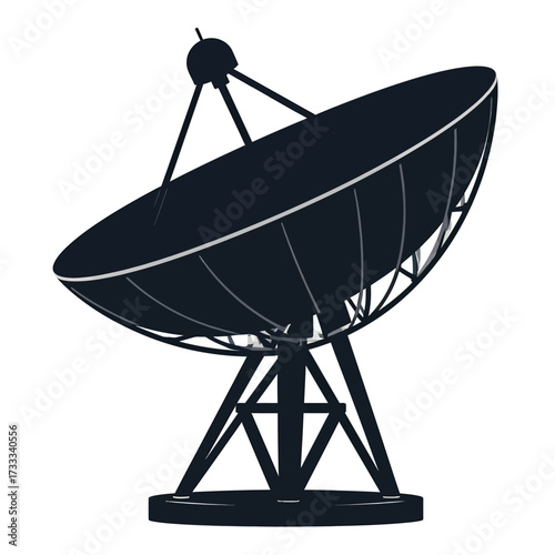 A detailed silhouette illustration of a large parabolic satellite dish, used for communication or astronomical observation.