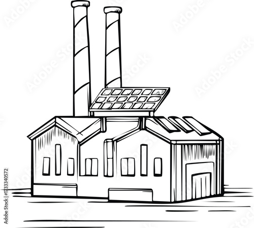 Outlined Industrial Building with Solar Panels and Tall Chimneys