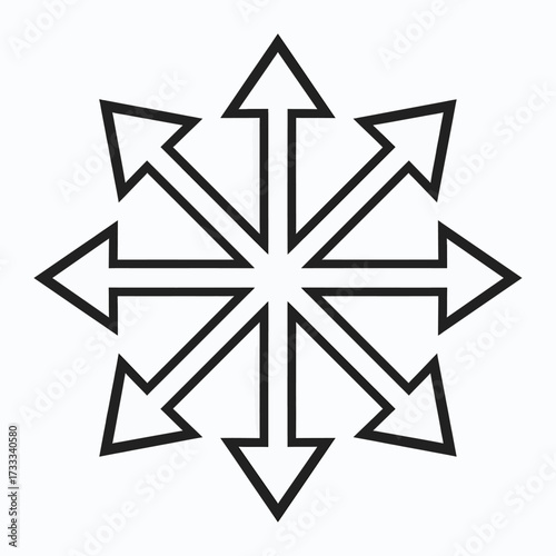 A black and white graphic of an eight-pointed star formed by arrows pointing outwards from a central hub, often recognized as the Symbol of Chaos.
