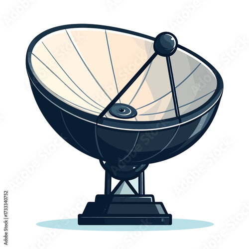 Cartoon illustration of a large satellite dish, dark blue and white, used for communication and broadcasting.