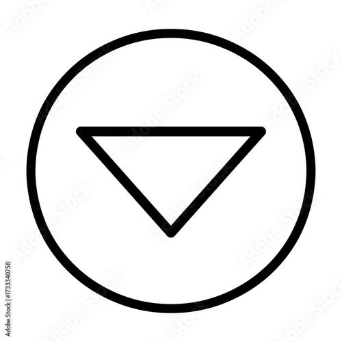 Black outline icon of a downward pointing triangle inside a circle, commonly used for collapse, expand, or menu functions in user interfaces.