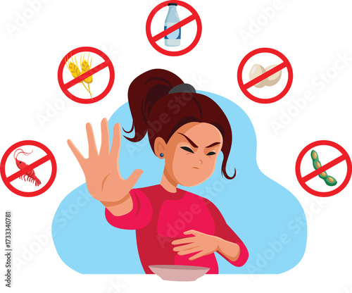 Teen Girl Suffering Stomachache from Eating Allergens Vector Illustration. Young teen girl having cramps after eating forbidden foods  