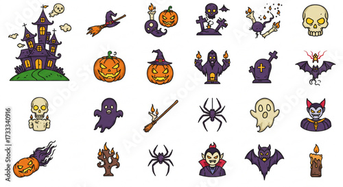 Halloween Flat Icon Set: Spooky Vector Collection of Pumpkin, Witch, Skull, Bat, Ghost & Graveyard Elements