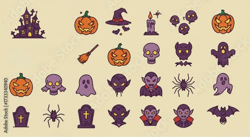 Halloween Flat Icon Set: Spooky Vector Collection of Pumpkin, Witch, Skull, Bat, Ghost & Graveyard Elements
