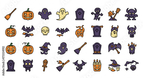 Halloween Flat Icon Set: Spooky Vector Collection of Pumpkin, Witch, Skull, Bat, Ghost & Graveyard Elements