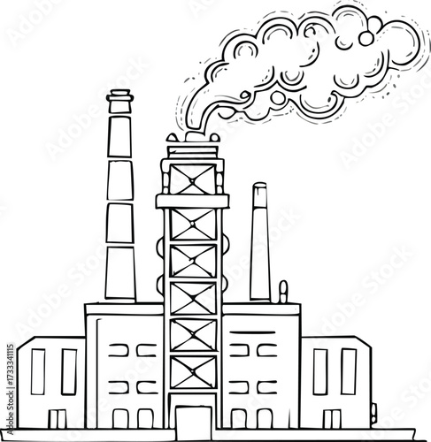 Hand-drawn illustration of an industrial factory with smoke emanating from its smokestack, symbolizing manufacturing, production, and environmental impact