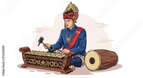 Cultural Event, Musician, Traditional Setting, Illustration, Vibrant Atmosphere, Eye-Level View, Traditional Music Performance