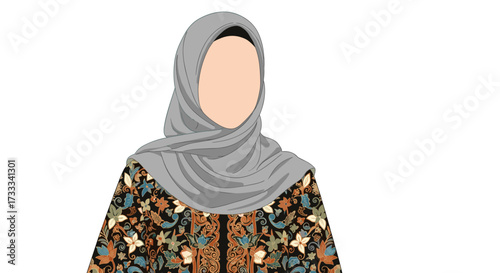 Cultural Portrait, Woman in Hijab, Traditional Attire, Digital Illustration, Vibrant Colors, Front View, Identity Expression